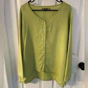 FLAX 100% Linen Lime Green Button-Up Top Oversized Medium Lagenlook Women’s